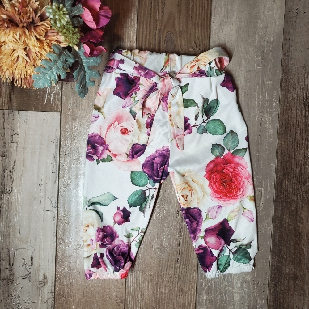 Floral White Tie-Waist Casual Baby Girl Pants Size 70 6-9M NWOT
